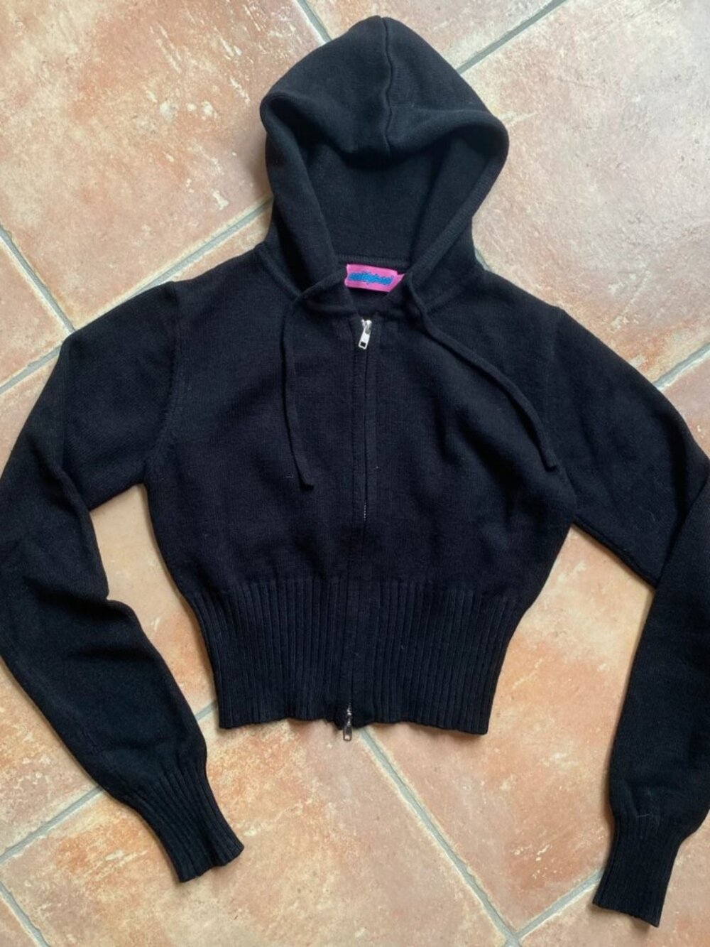 Women’s Black Cropped Knit Hooded Zip-Up Sweater, Size M